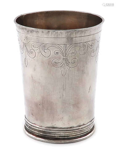 A 17th century Belgian silver beaker, maker's mark of a cherub's head, Antwerp 1630/31, tapering