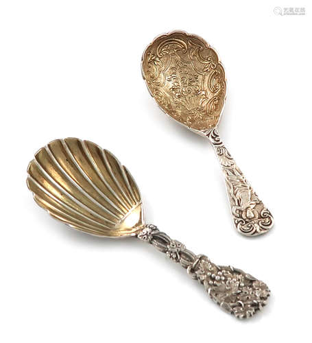 A Victorian cast silver caddy spoon, by George Adams, London 1856, the gilded bowl with foliate