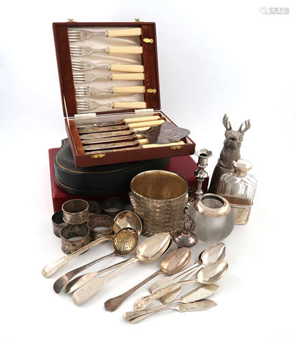 A mixed lot, comprising silver items: a silver-mounted glass table vesta striker, by Hukin and