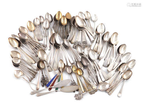 A large collection of silver teaspoons, various dates and makers, including six Danish figural