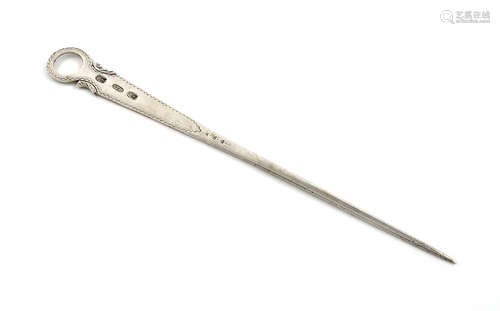 A George III Irish provincial silver meat skewer, by William Ward, Limerick circa 1800, tapering