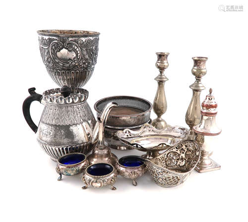 λA mixed lot of old Sheffield and electroplated items, including: a trophy cup, a warming stand base