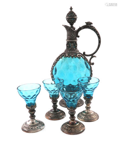 A late-19th century electroplated mounted glass liqueur set, possibly Austro-Hungarian, dimpled