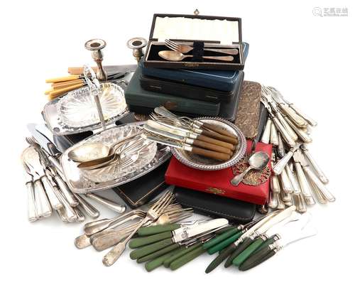 A mixed lot, comprising silver items: three sets of twelve silver teaspoons, two with tongs, in