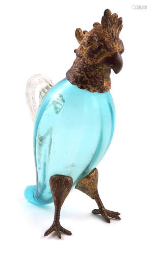 A gilt-metal mounted novelty cockatoo claret jug, modelled in a standing position, the aquamarine