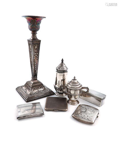 A mixed lot, comprising silver items: a single candlestick, London 1919, tapering square form,