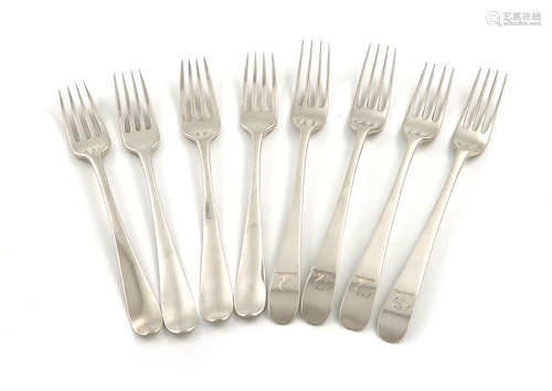 A collection of eight George III Irish silver Old English pattern dessert forks, by John Pittar,