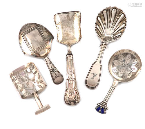 A collection of five antique silver caddy spoons, various dates and makers, including: a William