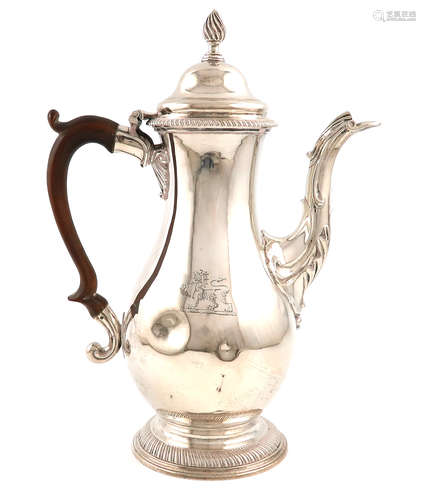 A George III silver coffee pot, by Walter Brind, London 1774, baluster form, scroll handle,