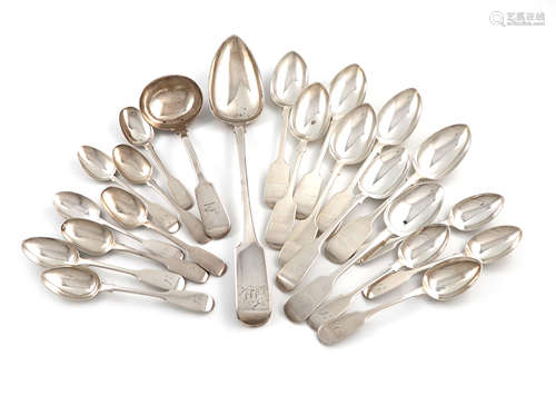 A mixed lot of Exeter silver Fiddle pattern flatware, comprising: a set of six dessert spoons, by