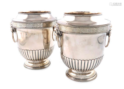 A pair of George III old Sheffield plated wine coolers, the underside stamped with an M or a W,