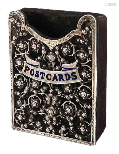 A late-Victorian silver and enamel postcard holder, by Adie & Lovekin Ltd, Birmingham 1892,