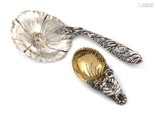 By Tiffany and Co., an American parcel-gilt silver caddy spoon, shell bowl, pierced foliate and