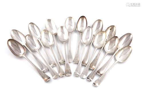 A collection of sixteen 18th century silver Hanoverian pattern tablespoons, various dates and