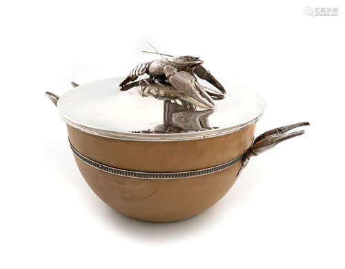 A German novelty silver and electroplated mounted wooden lobster tureen and cover, by J. H.