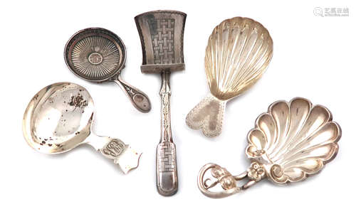 A small collection of five antique silver caddy spoons, various dates and makers, including: a