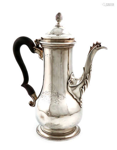 A George III silver coffee pot, possibly by Abraham Portal, London 1765, baluster form, scroll