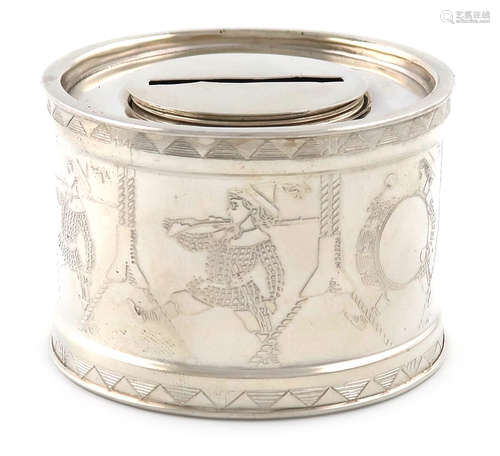 An American silver money box, by William Kerr and Co., Newark, New Jersey, circular drum form, the