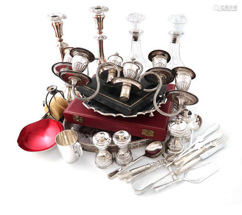 A mixed lot, comprising silver items: a pair of modern silver-mounted glass decanters, by James