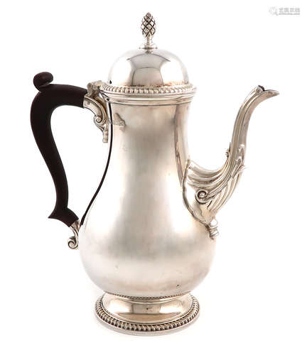 A modern silver coffee pot, by Barker Ellis Silver Co., Birmingham 1965, baluster form, scroll