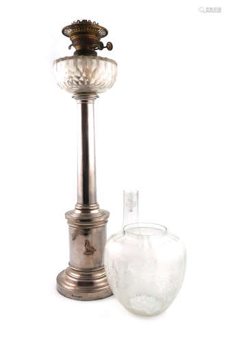 A Victorian electroplated oil lamp, by Elkington and Co. probably 1865, plain tapering column, on