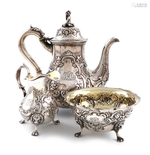 λA three-piece Victorian bachelor's coffee set, by Robert Hennell, London 1852, baluster form,