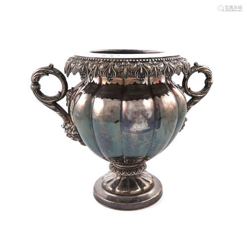 An old Sheffield plated two-handled wine cooler, maker's mark of C.C.P, circa 1830, lobed baluster