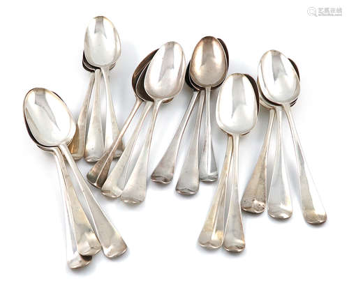 A collection of eighteen George II/III silver Hanoverian pattern tablespoons, various dates and