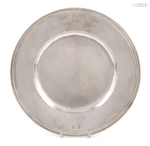 A Charles II silver plate, maker's mark over-struck, London 1677, circular form, reeded border,