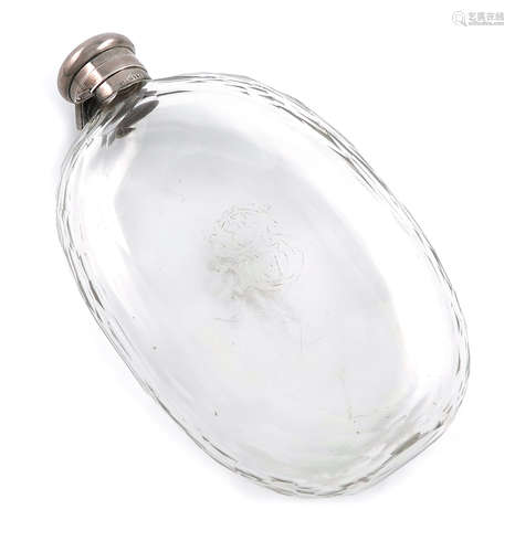 A large Victorian silver-mounted glass spirit flask, maker's mark worn, London 1874, faceted oval