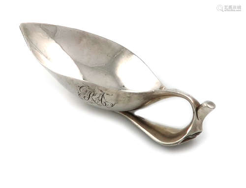 A George III silver caddy spoon, probably by James Wintle, London circa 1815, leaf shaped bowl, twig