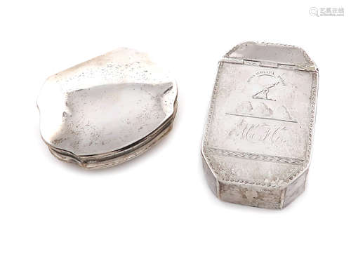 A George III Scottish silver snuff box, maker's mark probably WC, Edinburgh, cartouche form, the