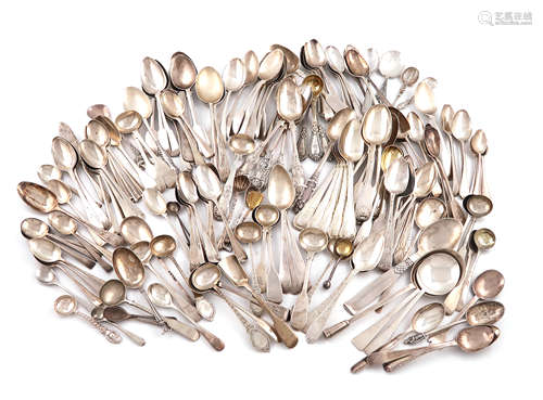 A large collection of silver flatware, various dates and makers, comprising: a set of five Irish