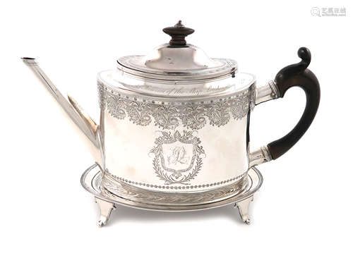 A presentation George III silver teapot and associated stand, the teapot by Joseph Scammell,