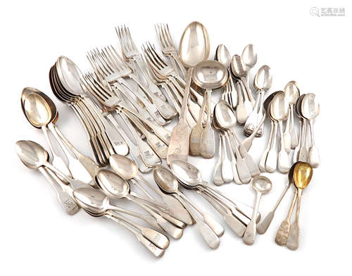 A collection of silver Fiddle pattern flatware, various dates and makers, including: a basting