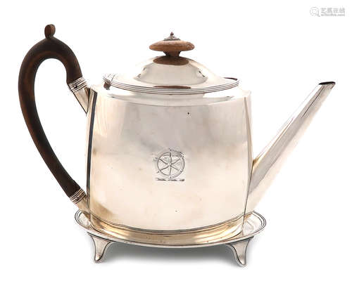 λA George III silver teapot and stand, by Chawner and Emes, London 1797, the stand by Henry Chawner,