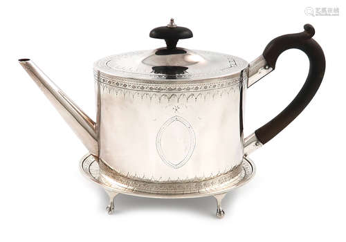 A George III silver teapot and stand, by John Denziloe, London 1787 and 1788, oval form, engraved