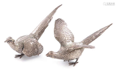 A pair of modern silver pheasants, by E. Barnard, London 1973, with textured feathers, lengths 24.