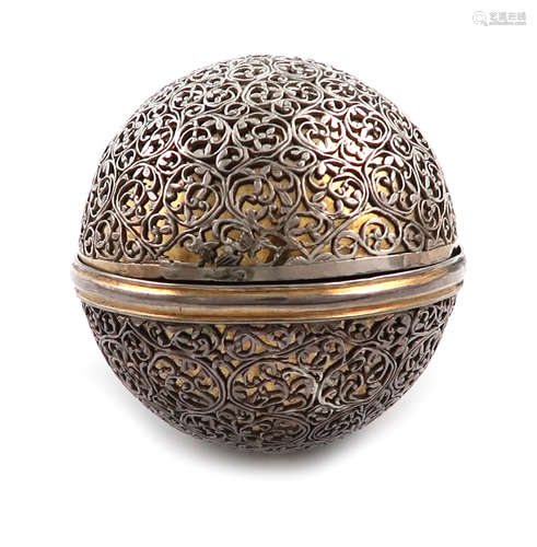 A pierced silver-gilt Bezoar-stone holder, unmarked, probably Indian late 17th / early 18th century,