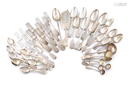 A collection of silver Fiddle pattern flatware, various dates and makers, comprising: a basting