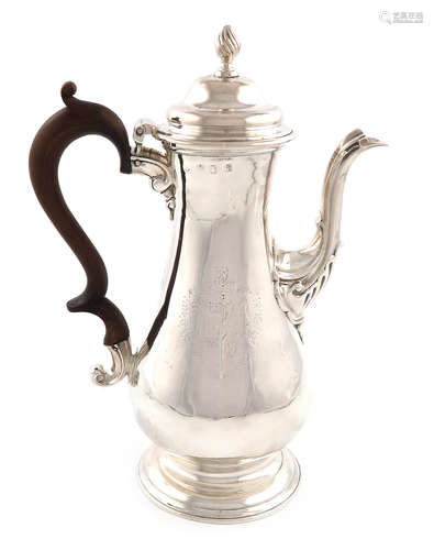 A George III silver coffee pot, by Whipham & Wright, London 1763, baluster form, scroll handle,