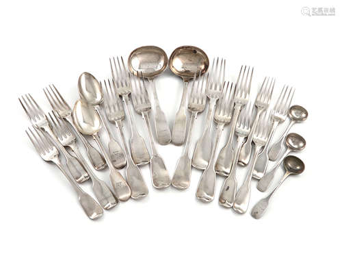 A collection of silver Fiddle pattern flatware, various dates and makers, including William