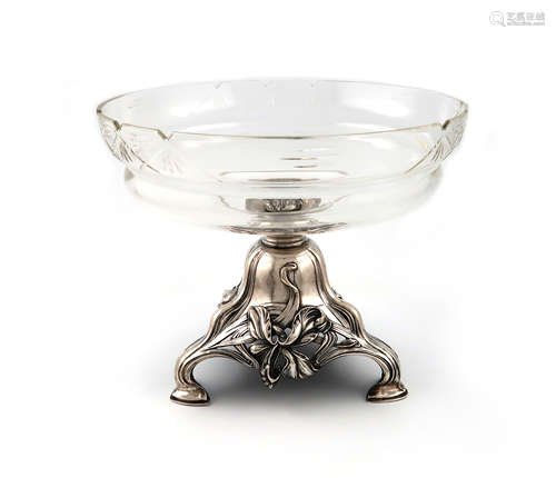 A German Art Nouveau silver and glass comport, by Brukmann and Son, the cut glass bowl of circular