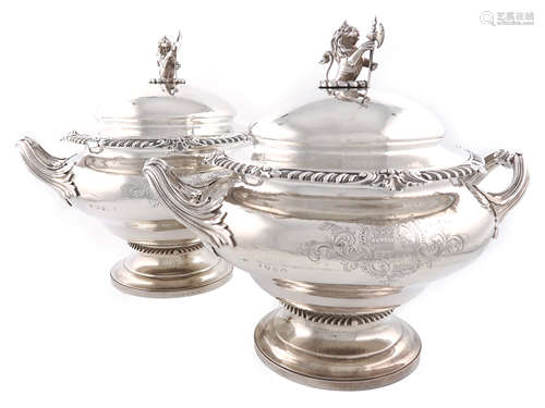 A pair of Victorian silver two-handled soup tureens and covers, by the Barnards, London 1854,