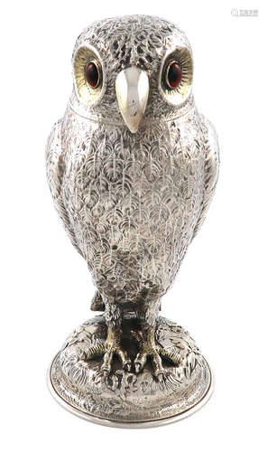 A Victorian novelty silver owl sugar vase and cover, by Charles and George Fox, London 1847,