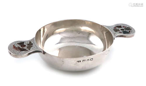 A late-Victorian silver and hardstone quaich, by James Fenton, Birmingham 1896, circular form, the