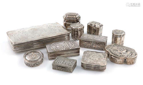 A mixed lot of Dutch and continental silver boxes, comprising: a Dutch tobacco box, 1867,