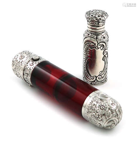 A Victorian silver-mounted red glass double scent bottle, cylindrical glass body, one end with a