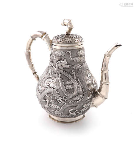 λA Chinese export silver coffee pot, by Ju Long, retailed by Tuck Chang, circa 1900, baluster