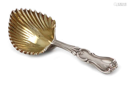 A Victorian silver Albert pattern caddy spoon, by George Adams, London 1843, cast shell bowl, gilded